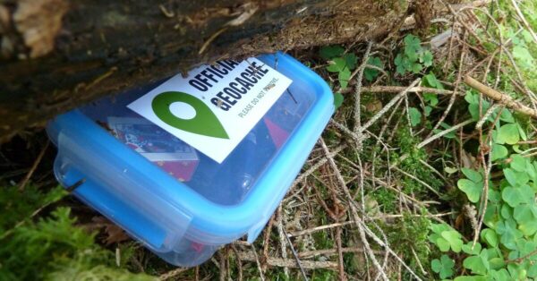 Waterproof geocaching container hidden under the tree